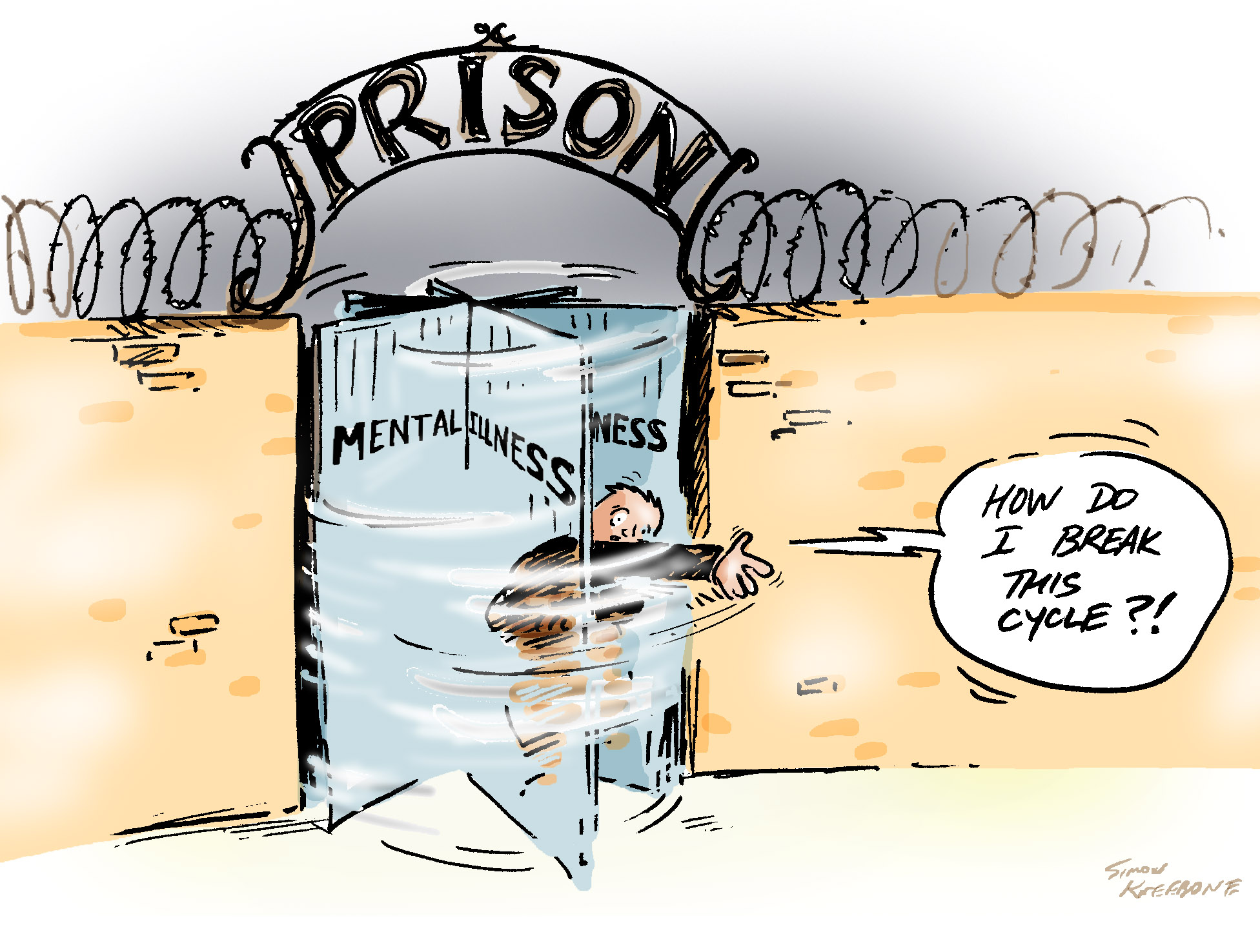 cartoon of a man getting stuck in a prisons revolving door