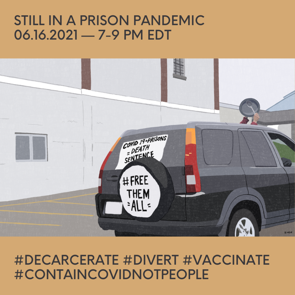 graphic with event information and a car with banners reading "# free them all"